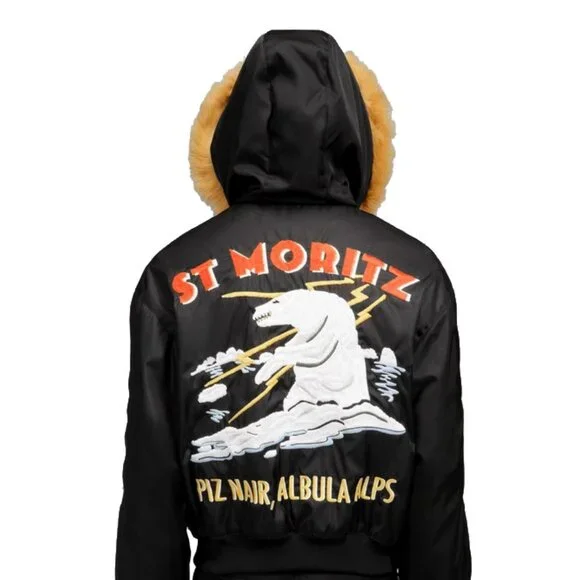 NEW! $2300 Bally of Switzerland Fur Trim Bomber Jacket!BlackEmbroidered Bear
